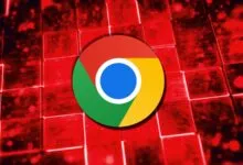 Google Chrome logo on a red, circuit board-like background.