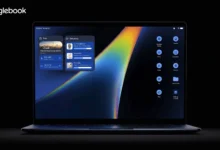 Googlebook laptop displaying trips, deliveries, and app icons on a dark background.