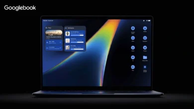 Googlebook laptop displaying trips, deliveries, and app icons on a dark background.
