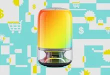 Govee Table Lamp Pro 2 with vibrant color gradient against a patterned background.