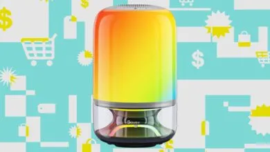 Govee Table Lamp Pro 2 with vibrant color gradient against a patterned background.
