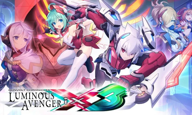 Gunvolt Chronicles Luminous Avenger iX 3 game cover art with anime characters.