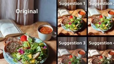 Collage showing original salad and soup photo with suggested edits.