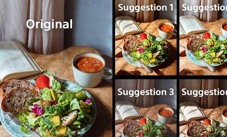 Collage showing original salad and soup photo with suggested edits.