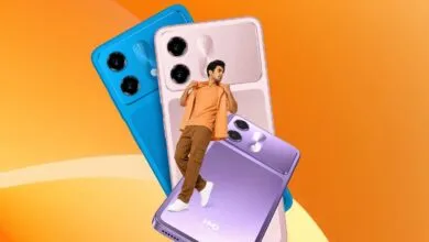 Three HMD smartphones in blue, pink, and purple with a model.