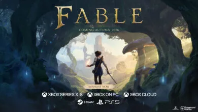 Fable game promotional art featuring a hero in a fantasy forest landscape.
