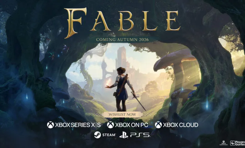 Fable game promotional art featuring a hero in a fantasy forest landscape.
