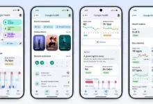 Google Health app interface on four phone screens showing fitness and sleep tracking.