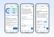 Three phone screens displaying a fitness app with workout summaries and coach messages.