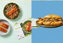 HelloFresh meal kit featuring salmon salad and chicken sandwich.