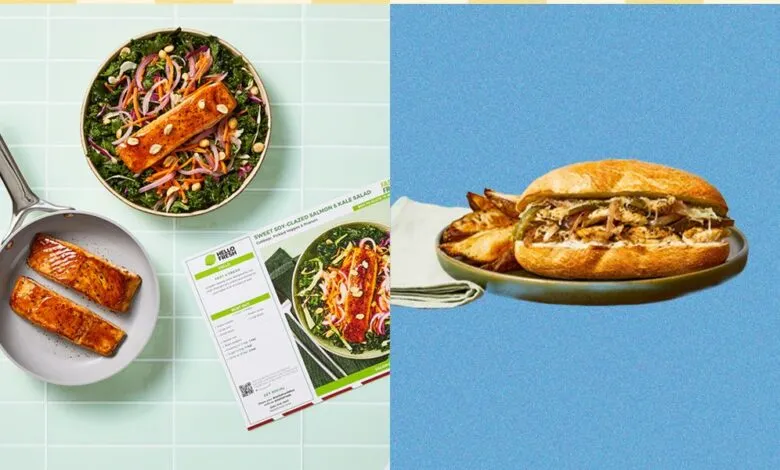 HelloFresh meal kit featuring salmon salad and chicken sandwich.