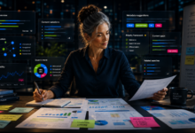 Woman analyzes SEO data, charts, and strategies in a modern office setting.