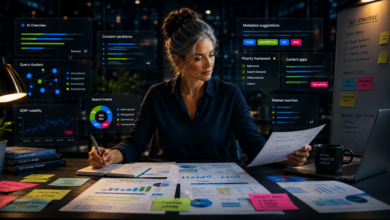 Woman analyzes SEO data, charts, and strategies in a modern office setting.