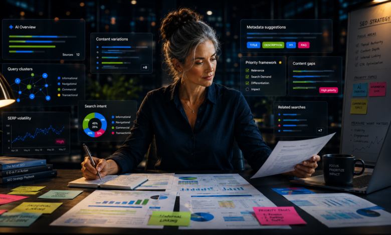 Woman analyzes SEO data, charts, and strategies in a modern office setting.