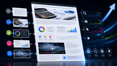 Website interface showing data analytics, charts, and a rising arrow.