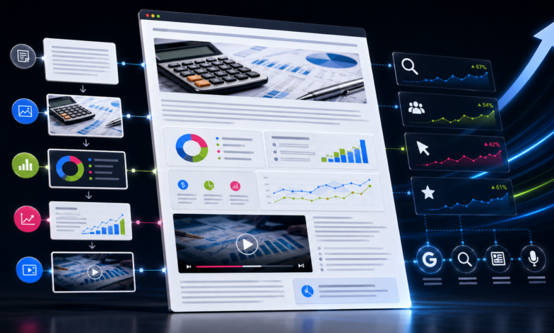 Website interface showing data analytics, charts, and a rising arrow.