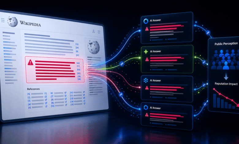 Wikipedia page with negative information flowing into AI answers, impacting public perception and reputation.
