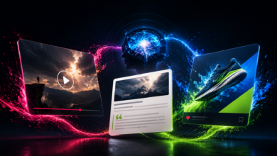 Screens displaying video, text, and product, connected by energy streams.
