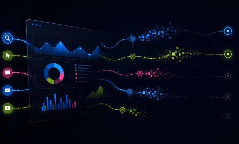 Data analytics dashboard with colorful graphs and flowing data streams.