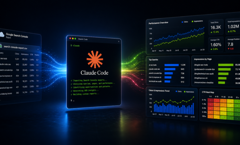 Claude Code SEO report showing Google Search Console data and performance metrics.