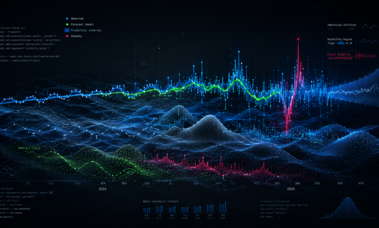 Time series forecast with observed, predicted, and anomaly data points.
