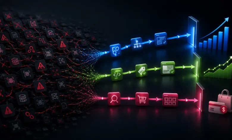 SEO technical fixes flow to business impact: bugs to revenue.