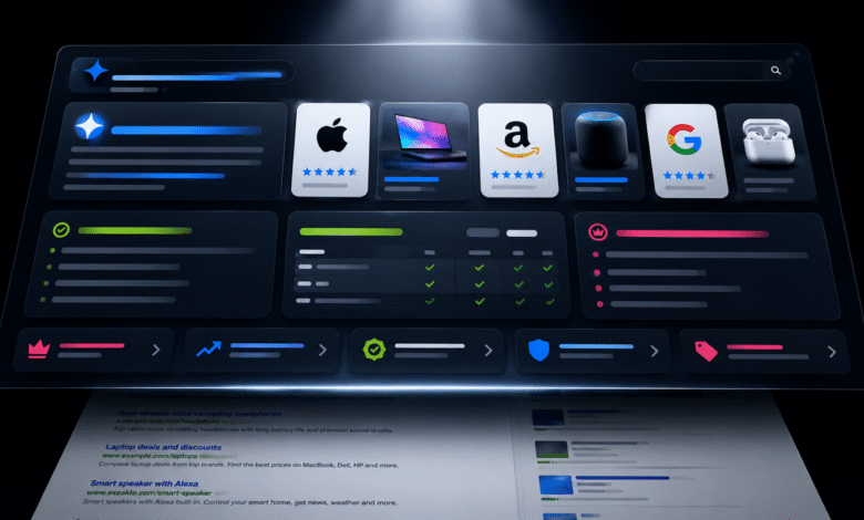 AI search interface showing product comparisons and search results.