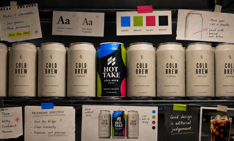 Cold brew coffee cans arranged with branding and design notes.