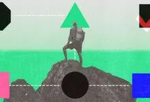 Abstract image of a hiker on a peak, connected to shapes by dotted lines.