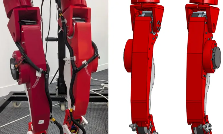 Two red robot legs, one real and one a digital rendering, side-by-side.