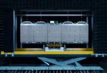 ICEYE radar antenna array undergoing testing in anechoic chamber.