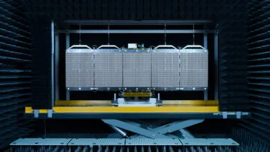 ICEYE radar antenna array undergoing testing in anechoic chamber.