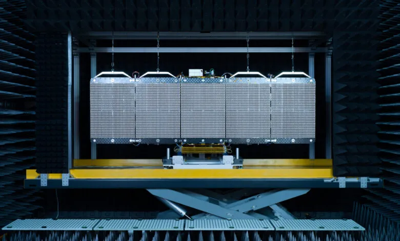ICEYE radar antenna array undergoing testing in anechoic chamber.
