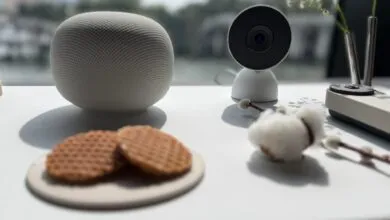 Still life with smart speaker, camera, waffles, and flowers on a white table.