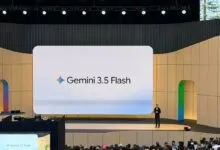 Google's Gemini 3.5 Flash announcement on a large stage with a presenter.
