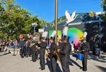 Marching band performs outside Shoreline Amphitheatre, Mountain View, CA.