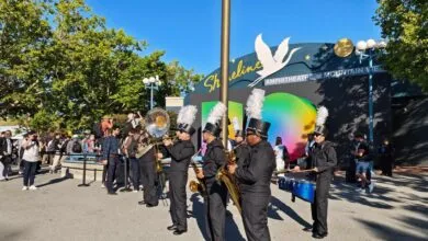 Marching band performs outside Shoreline Amphitheatre, Mountain View, CA.