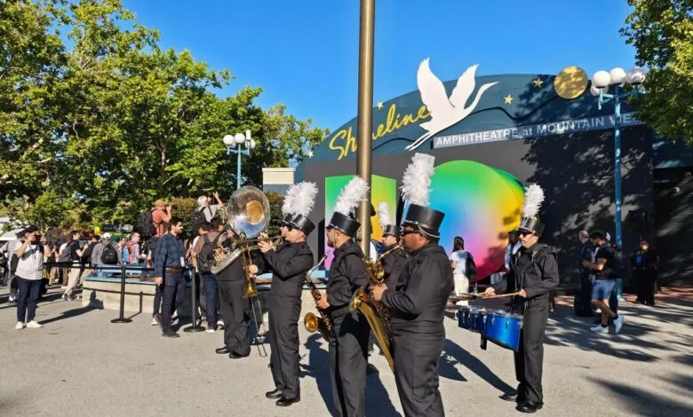 Marching band performs outside Shoreline Amphitheatre, Mountain View, CA.