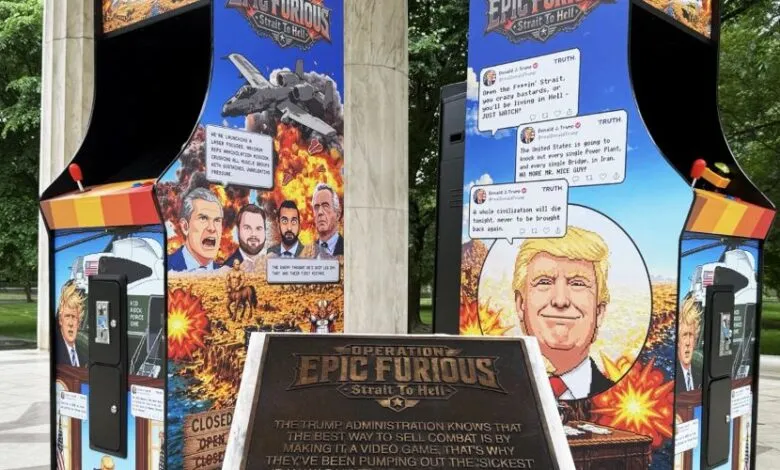 Two 'Epic Furious Strait to Hell' arcade machines with political imagery.
