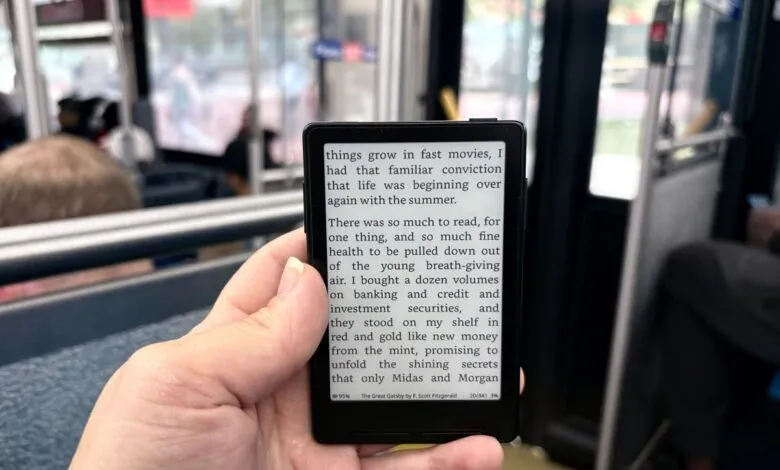 Hand holds e-reader displaying text from 'The Great Gatsby' on a bus.