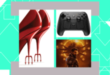 Collage of red devil heels, black controller, and a video game character.