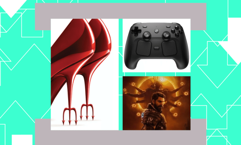 Collage of red devil heels, black controller, and a video game character.