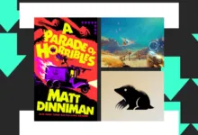 Book cover, video game screenshot, and mole graphic on patterned background.