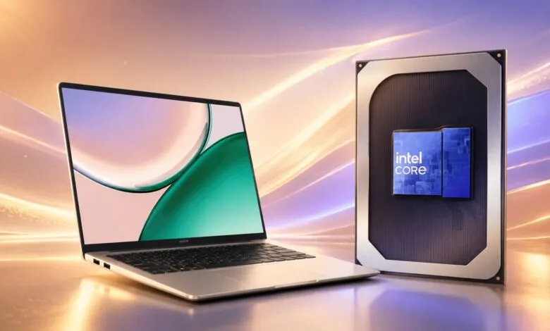 Honor X14 laptop with Intel Core processor on a reflective surface.