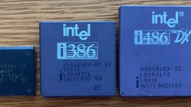 Intel 286, 386, and 486 CPU chips showing size comparison.