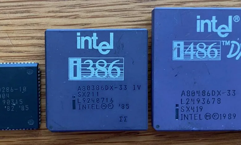 Intel 286, 386, and 486 CPU chips showing size comparison.