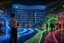 Woman views SEO search suggestions in futuristic digital landscape.