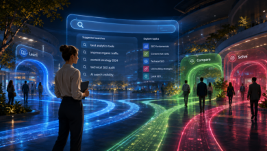 Woman views SEO search suggestions in futuristic digital landscape.