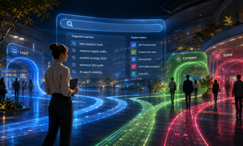 Woman views SEO search suggestions in futuristic digital landscape.