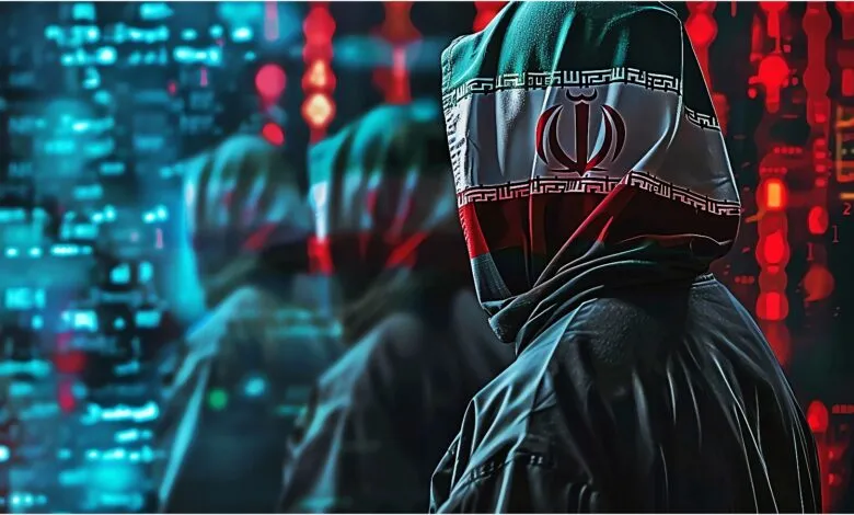 Person in Iranian flag hoodie stands before digital code.